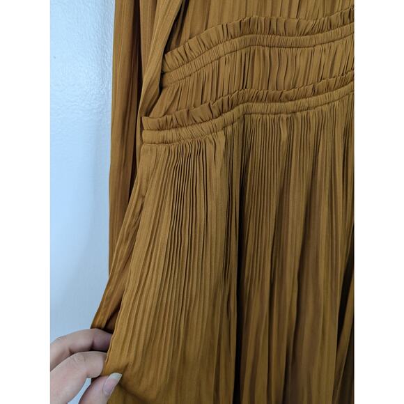 Maeve Anthropologie Saniya Pleated Long Sleeve Mini Dress in Gold - Picture 5 of 11